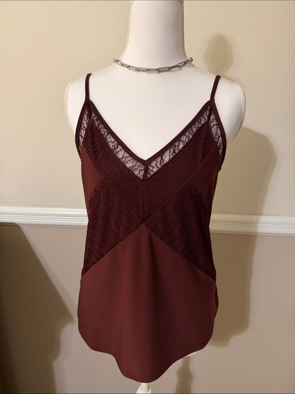 White House Black Market Burgundy Lace-Trim Camisole
